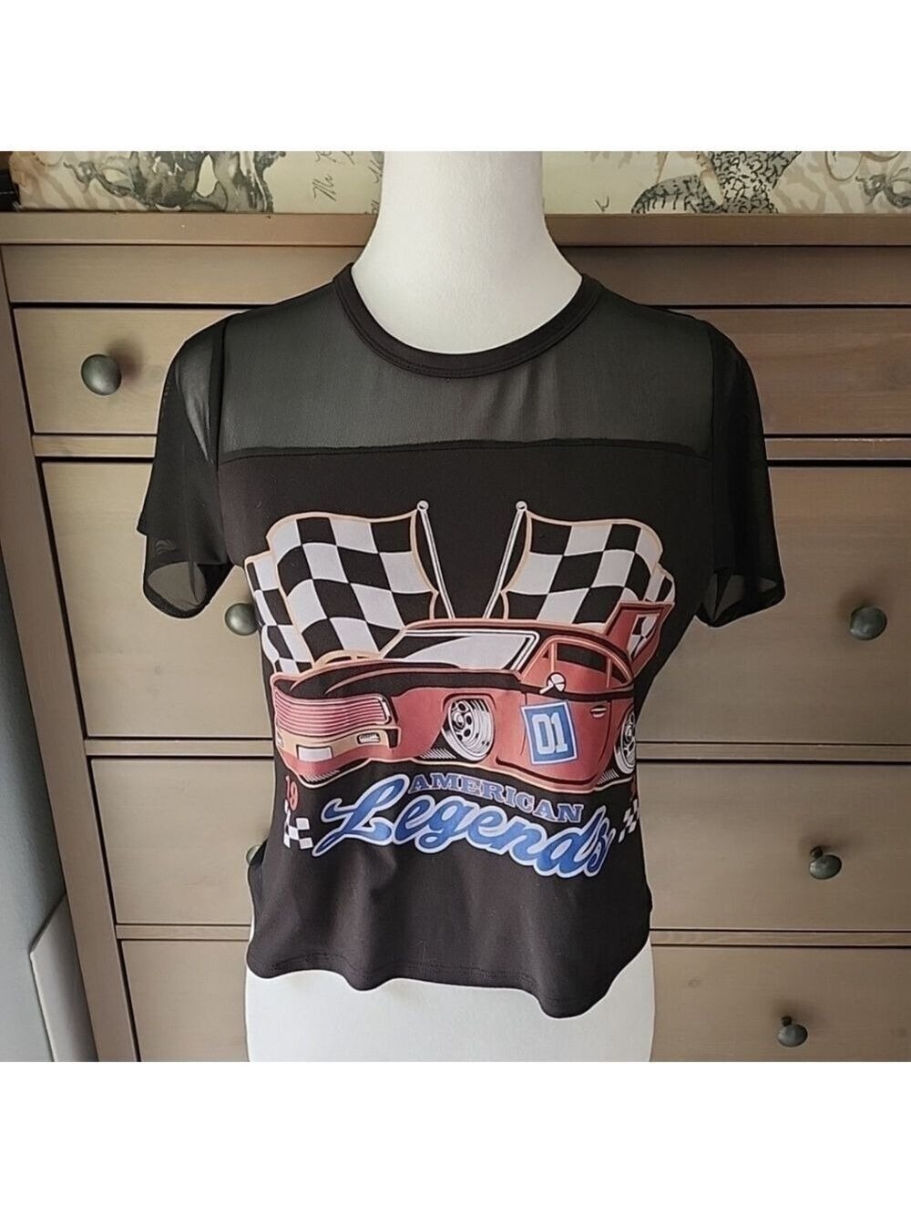 Black 1/2 Sheer Crop Top with Car Graphic